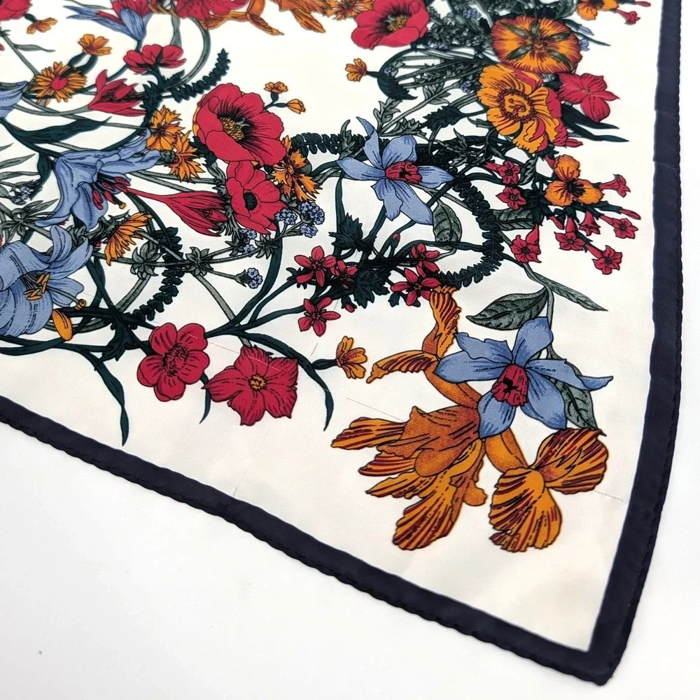 Vintage Style Floral Square Scarf Botanical Poppy Print Navy Border 21x21
